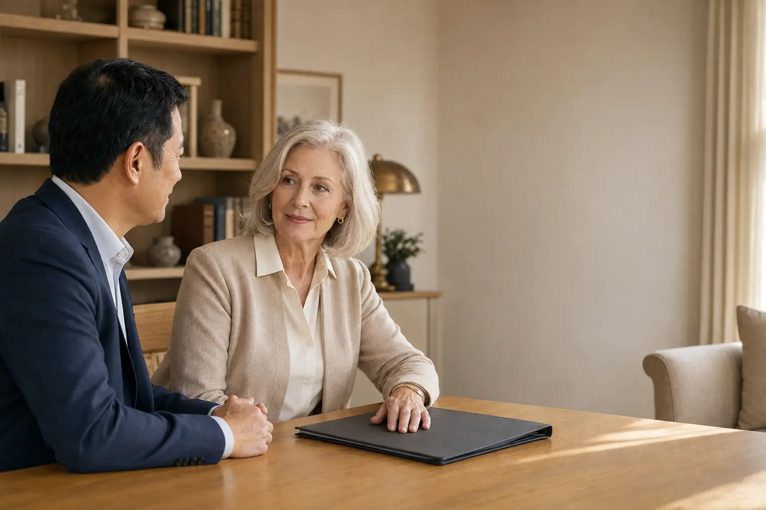 A retired homeowner and a financing professional in an unhurried conversation at a dining table