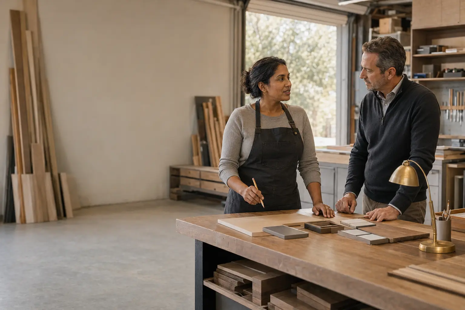 A self-employed woodworker discussing financing with a mortgage professional in her own workshop