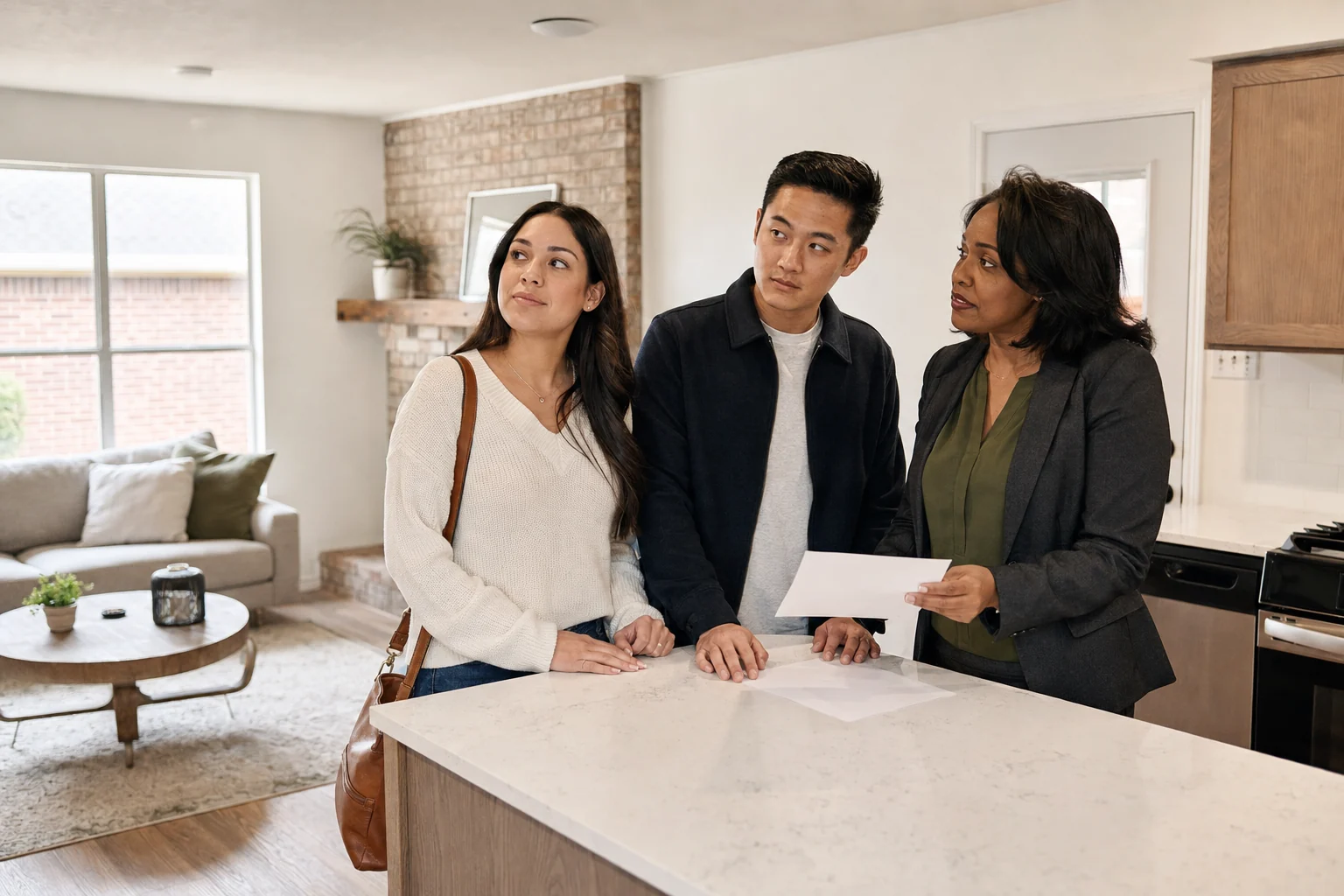 Two homebuyers reviewing paperwork with a mortgage professional at a kitchen island