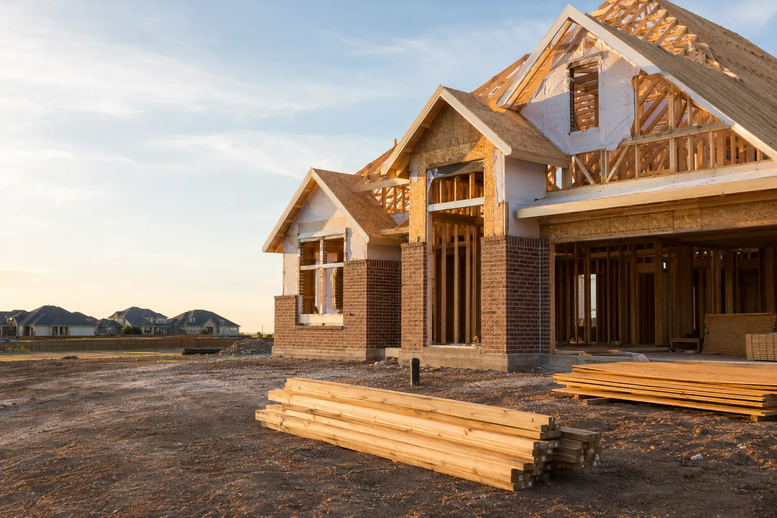 A new North Texas home under construction at sunset, framing complete and brick underway