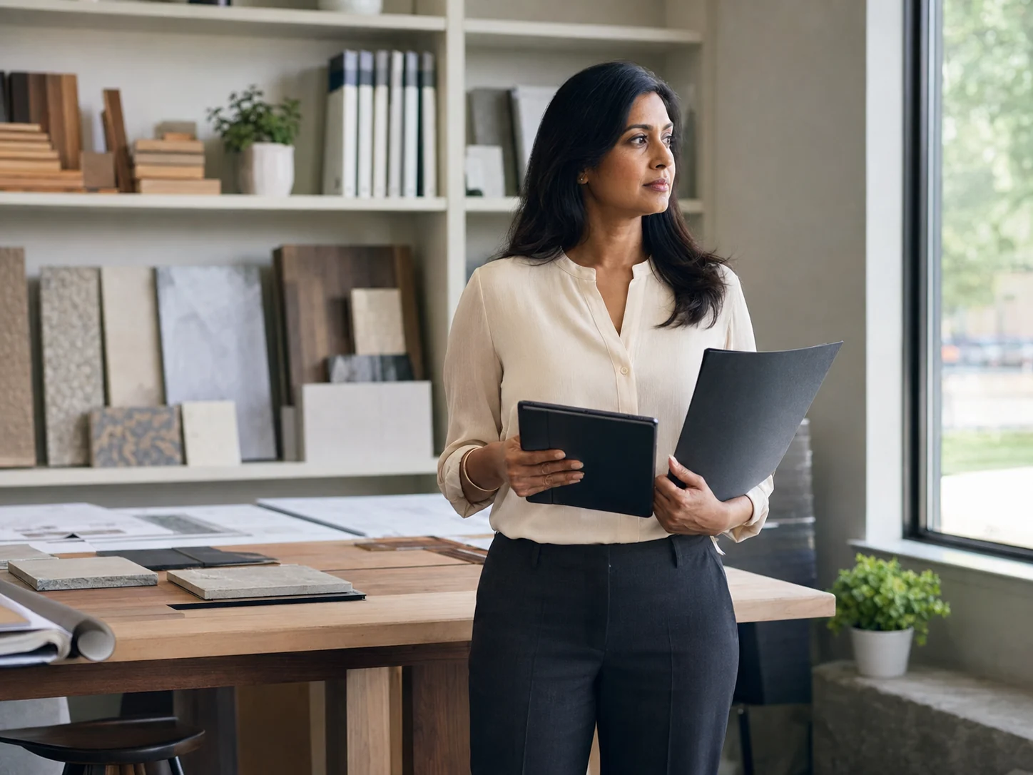 A professional reviewing plans and material samples in a light-filled studio