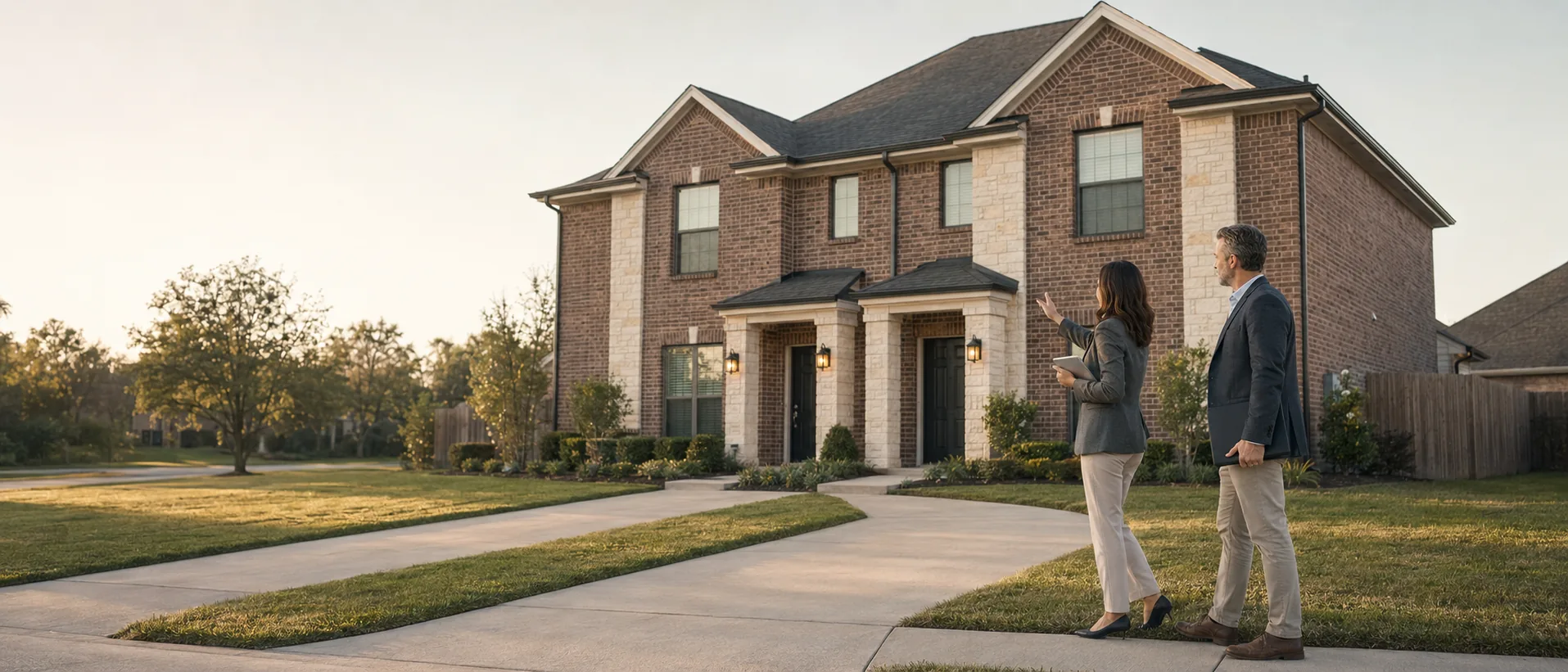 A real estate investor and a mortgage professional evaluating a two-unit brick rental property in a North Texas neighborhood