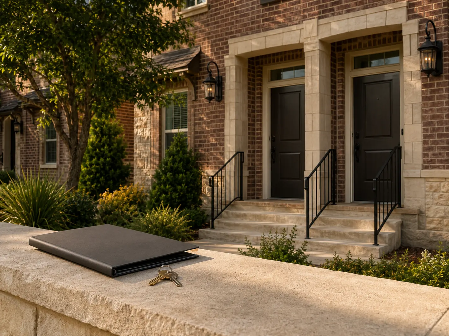 The twin entries of a brick North Texas duplex at golden hour, with a portfolio and keys on the ledge