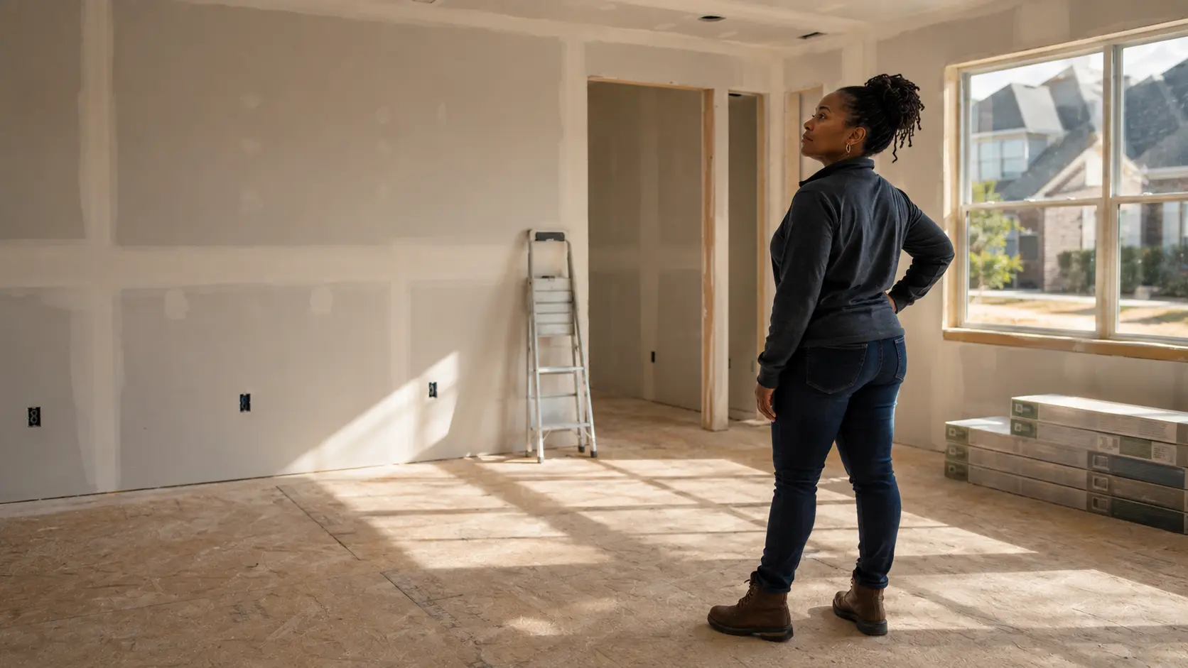 An investor assessing an unfinished interior mid-renovation, with new flooring stacked and ready
