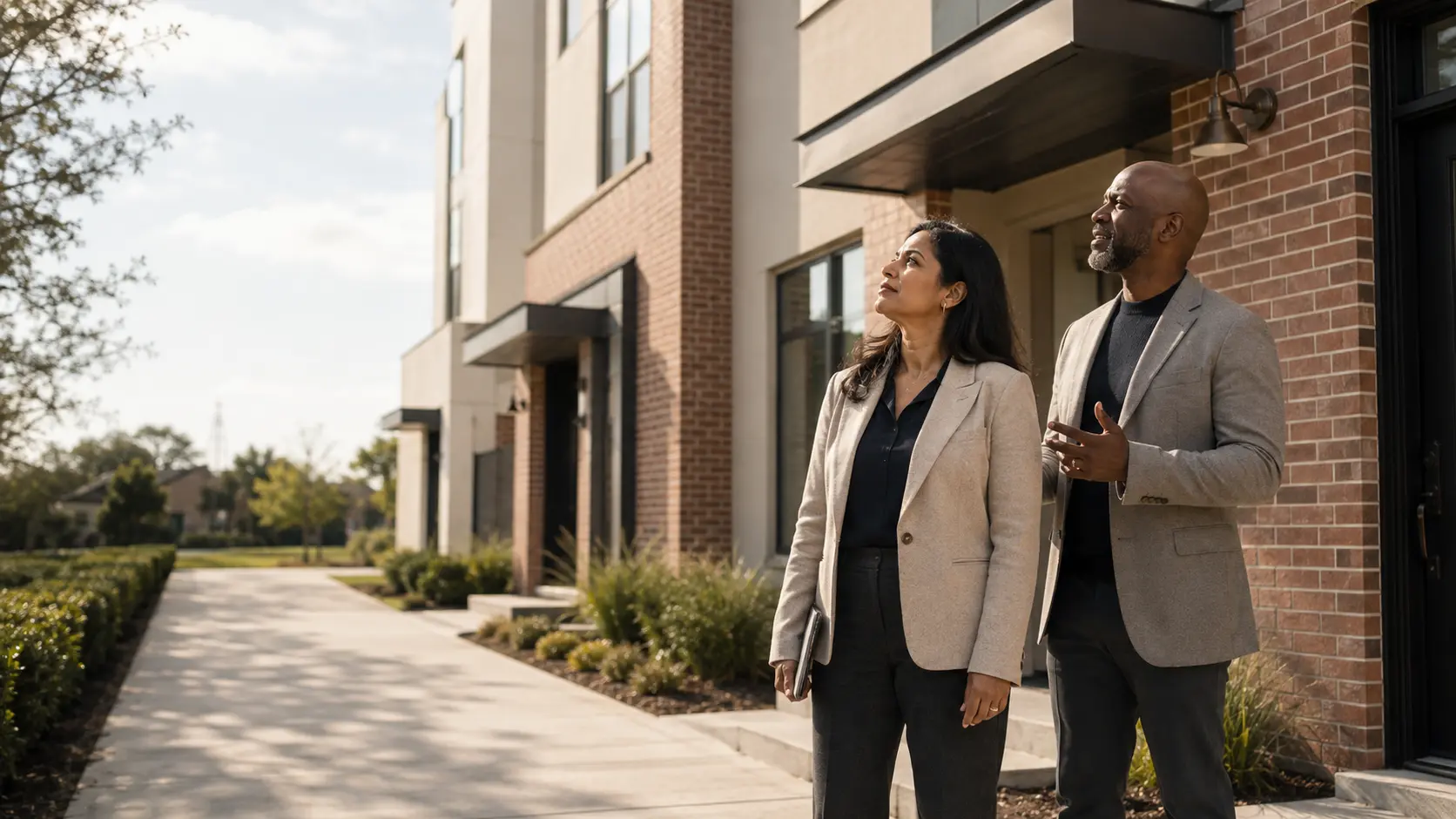 An investor and a property professional reviewing a brick townhome development from the front walk