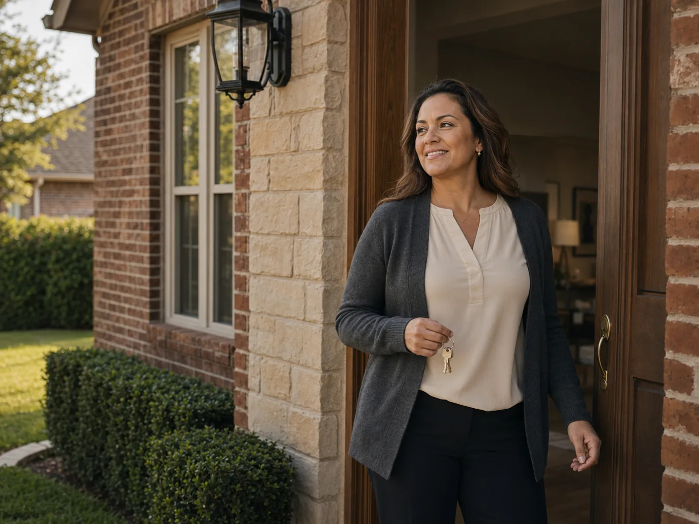A first-time homeowner at the front door of her North Texas brick and stone home, keys in hand
