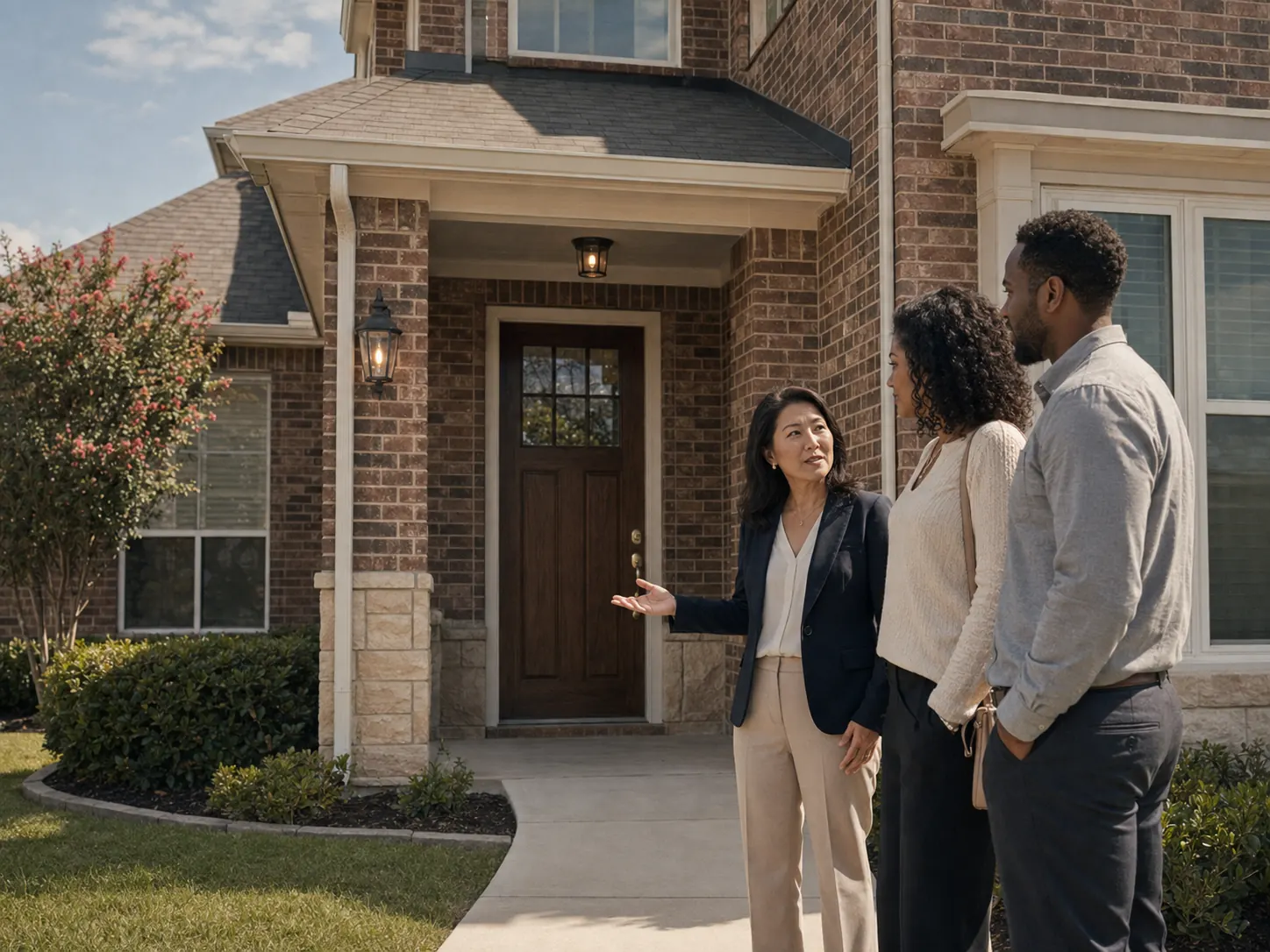A mortgage professional showing two prospective buyers the covered entry of a brick North Texas home