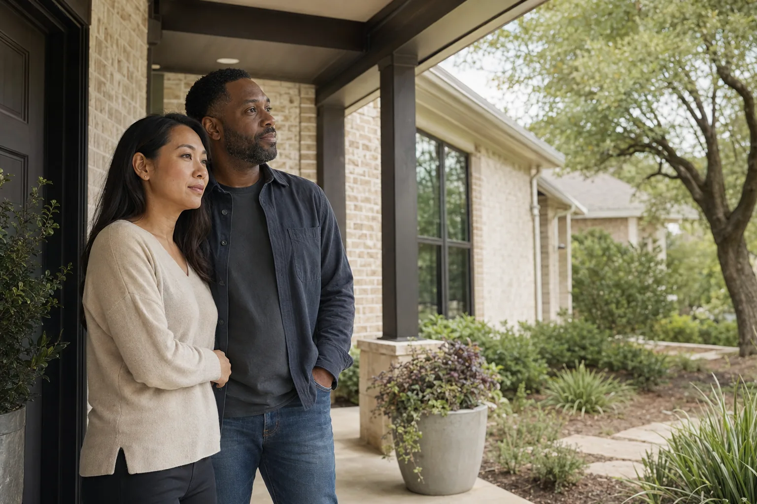 Two homeowners on the covered front porch of a brick North Texas home