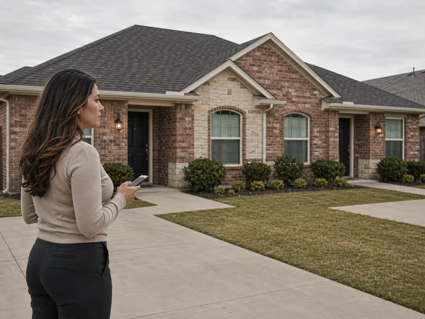 A self-employed property investor assessing a brick rental home from the front walk in a North Texas neighborhood