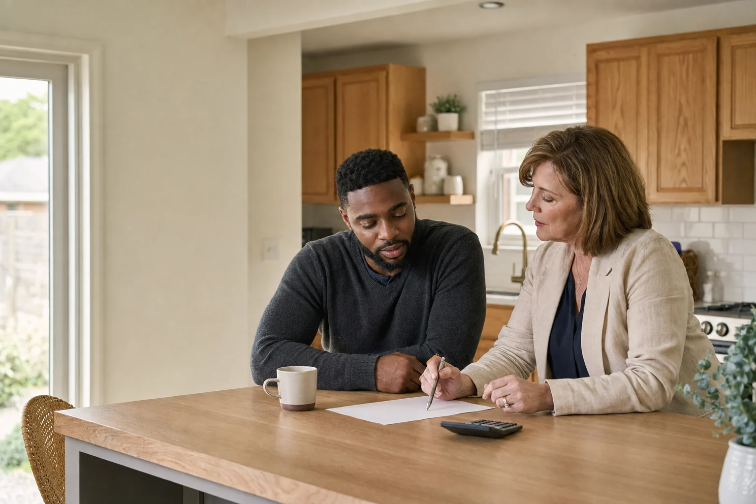 A borrower and a mortgage professional going over loan options at a kitchen table