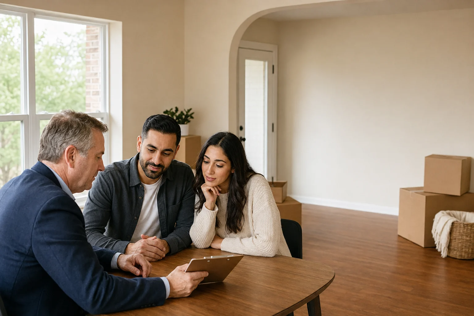 New homeowners reviewing loan details with a mortgage professional amid moving boxes
