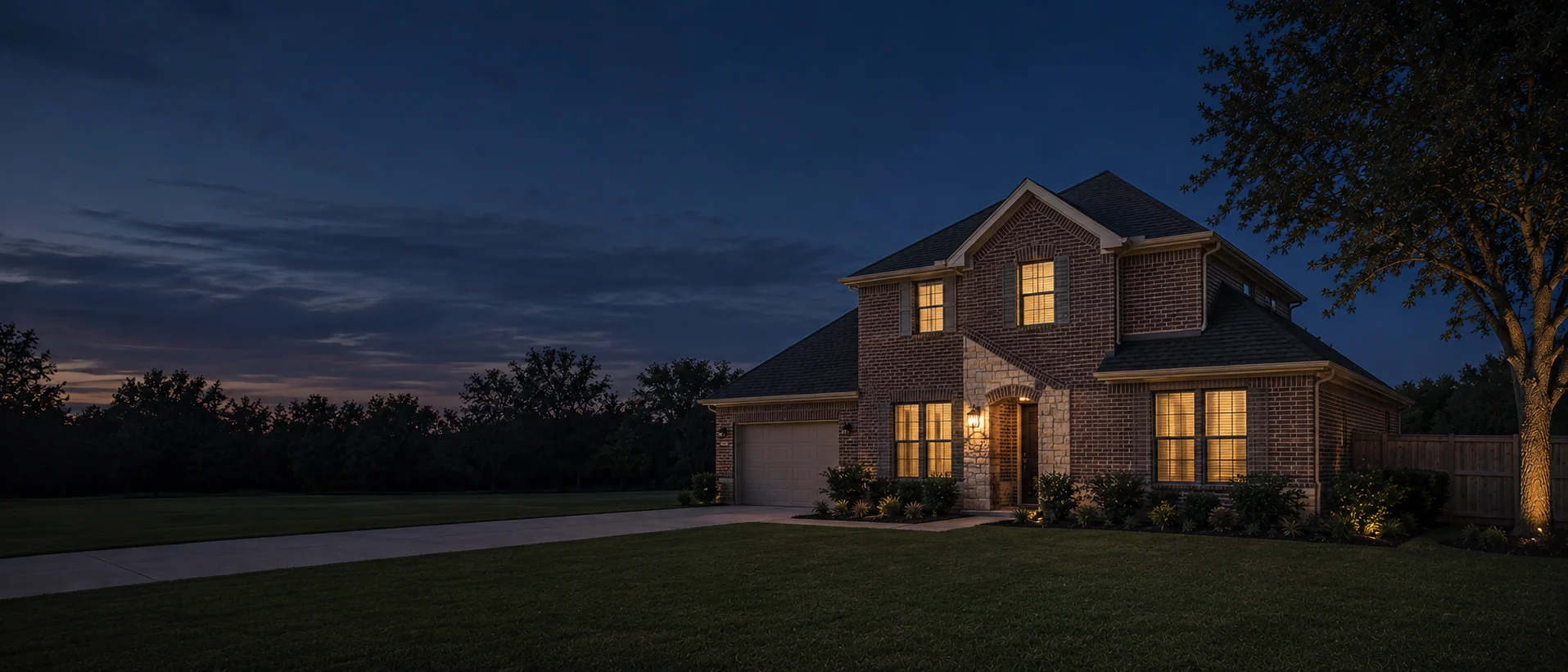 A two-story North Texas brick and stone home at dusk with warm light in the windows