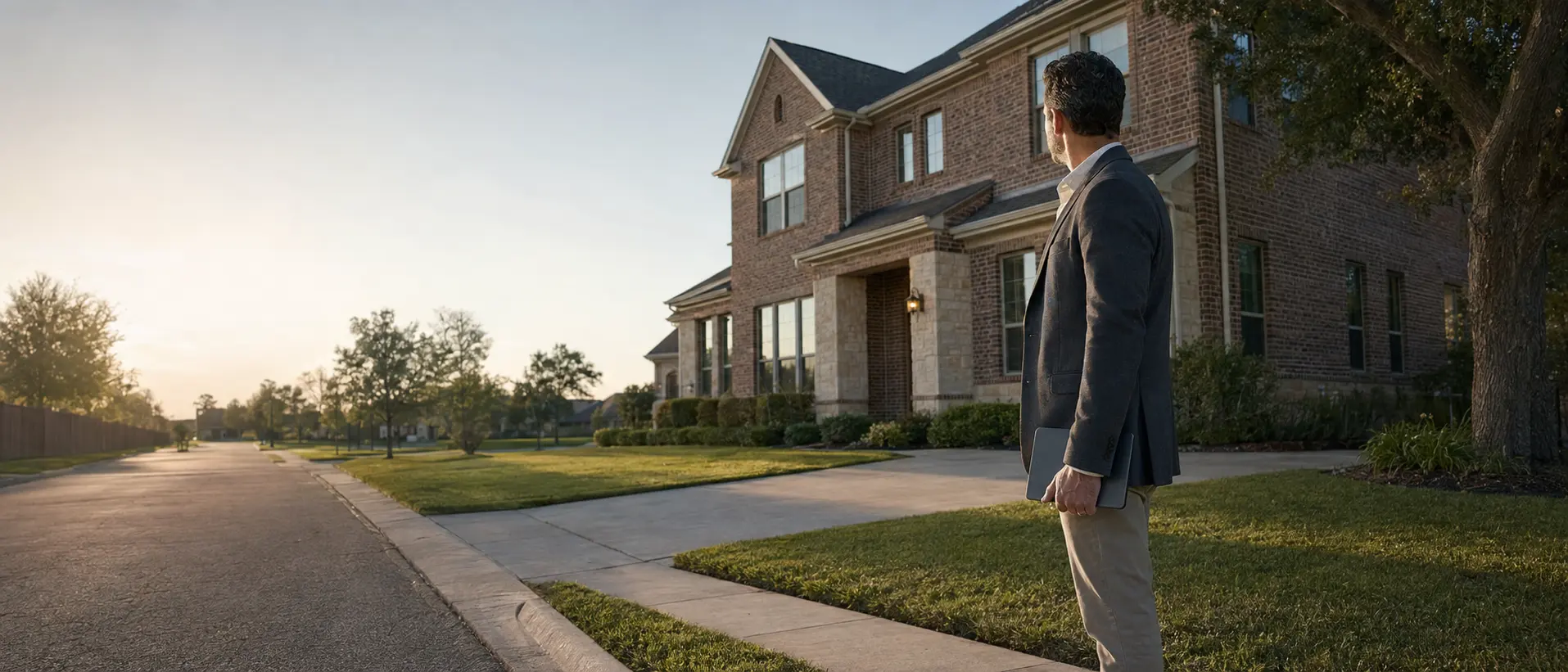 A real estate investor assessing a brick-and-stone North Texas investment property in late afternoon light