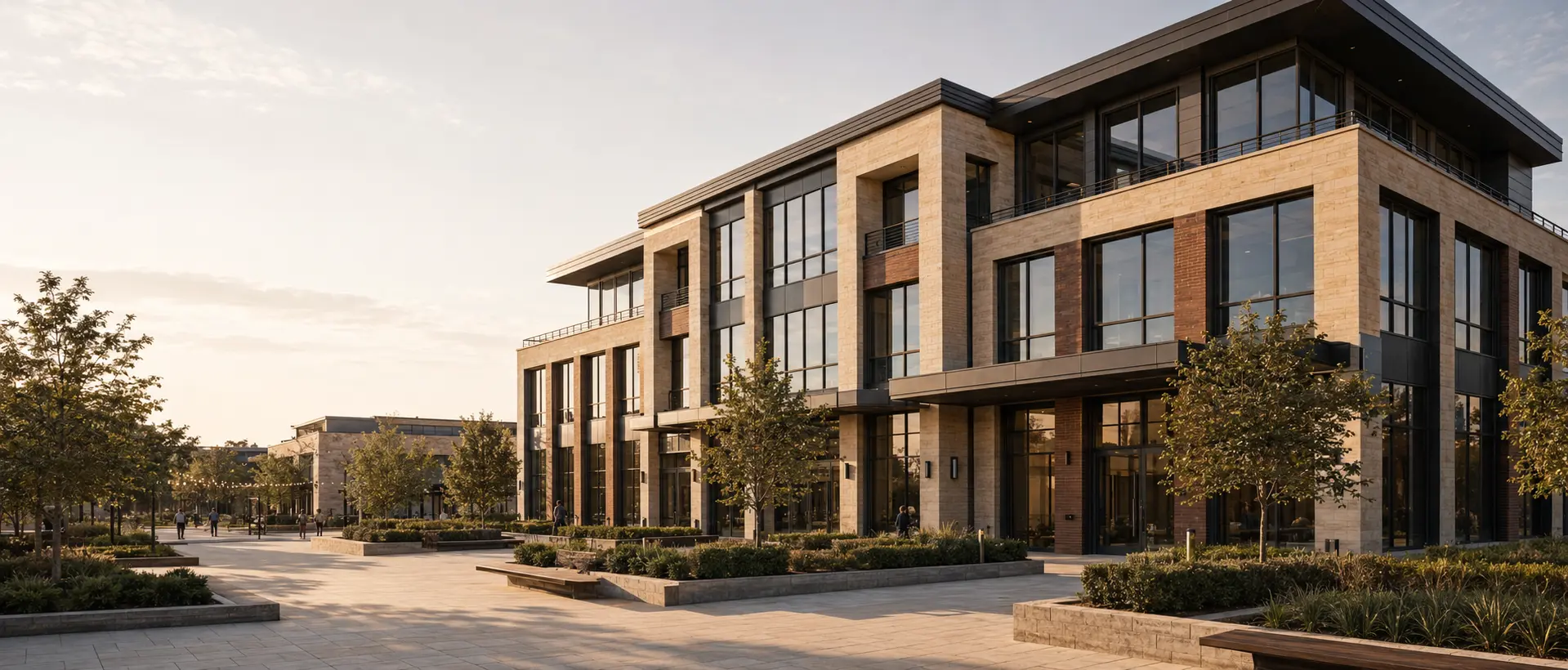A modern stone and brick professional office building in North Texas at golden hour