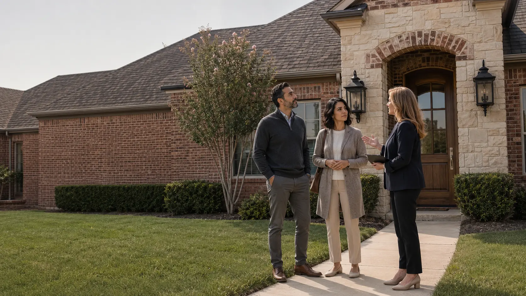A mortgage professional walking two prospective buyers through a brick and stone North Texas home