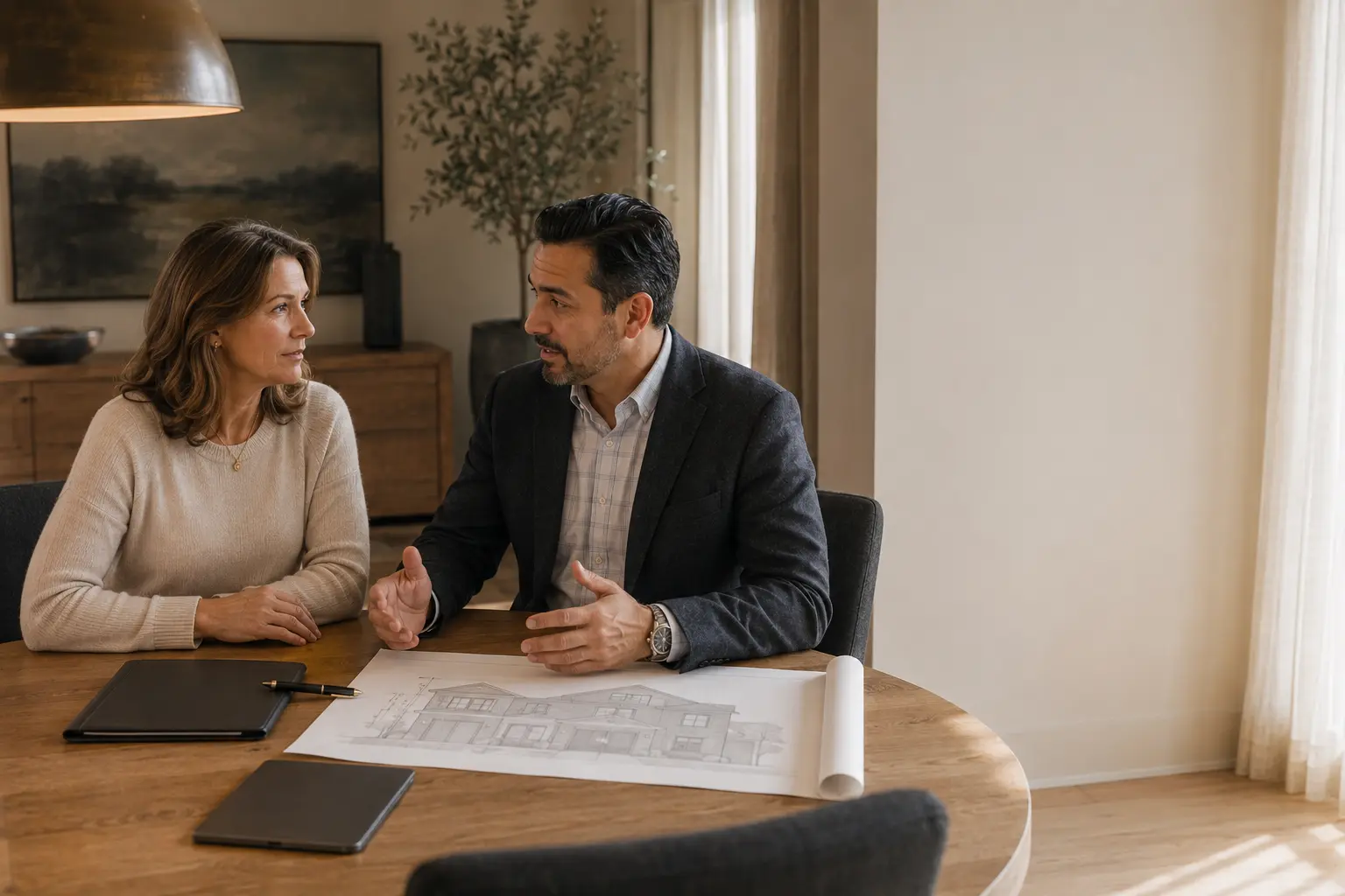 A homeowner and a mortgage professional reviewing an architectural elevation drawing at a dining table