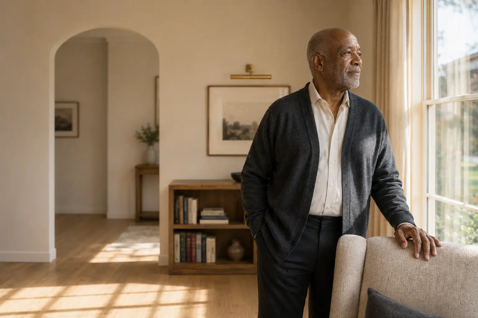 An older homeowner standing in the front room of his own home, looking out toward the garden