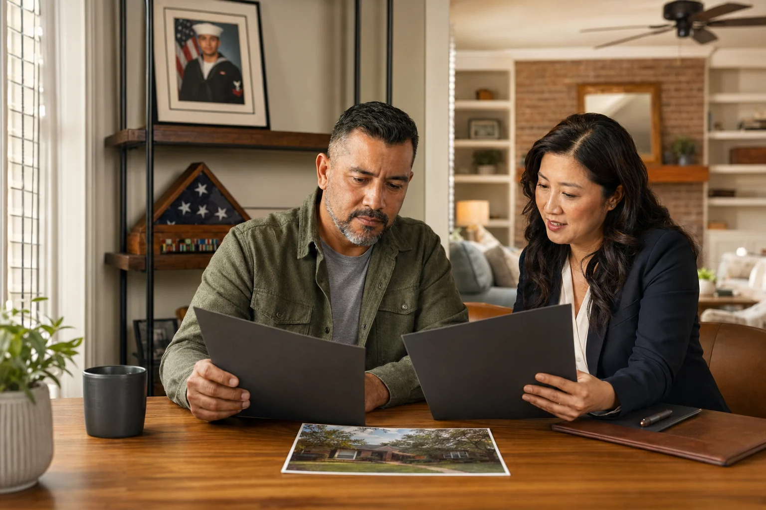 A veteran homeowner reviewing refinance paperwork with a mortgage professional at home