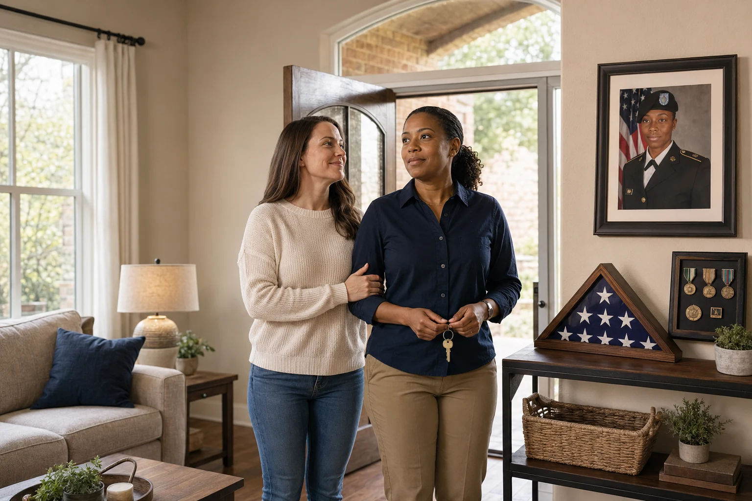 Two homeowners with keys in hand inside their home, a veteran service portrait and folded flag displayed nearby
